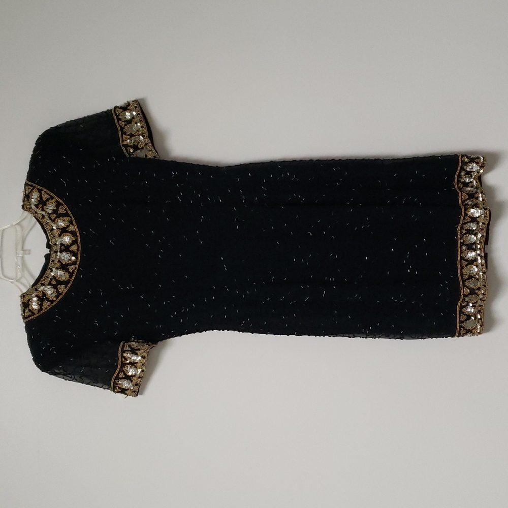 Vintage black silk beaded/sequined mini dress